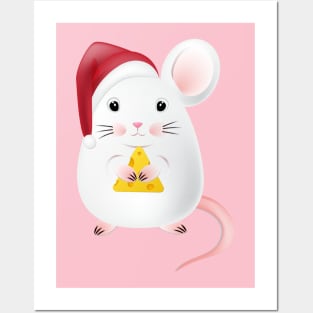 little white mouse in a Christmas hat Posters and Art